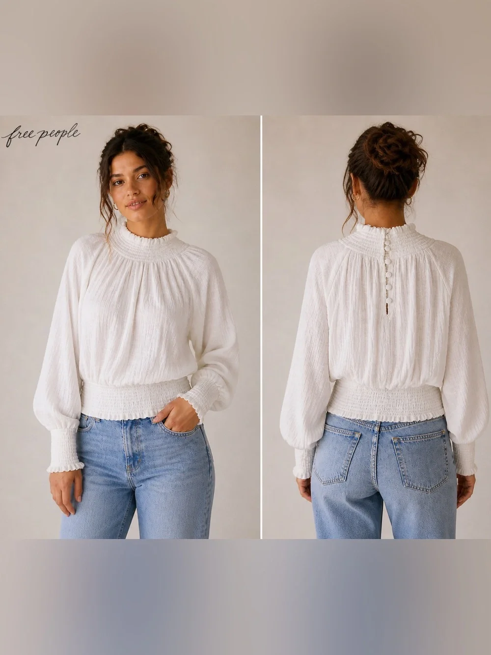 Free People XS Textured White Top Smocked Waist Stretch Lightweight